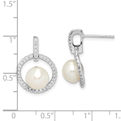 Sterling Silver Rhodium-plated White Button Freshwater Cultured Pearl and CZ Post Dangle Earrings, 20.25 x 14.26mm