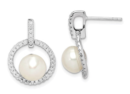 Sterling Silver Rhodium-plated 8- White Button Freshwater Cultured Pearl and CZ Post Dangle Earrings (Style QE15264)