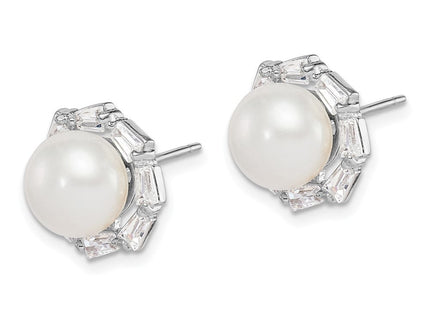 Sterling Silver Rhodium-plated 8- White Button Freshwater Cultured Pearl and CZ Post Earrings (Style QE15267)