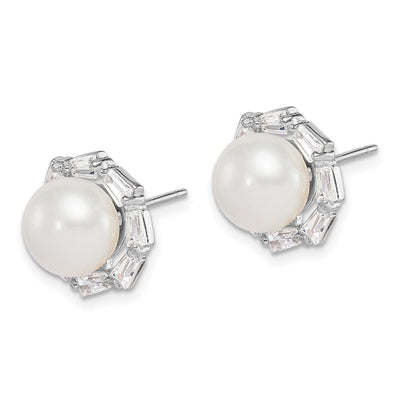 Sterling Silver Rhodium-plated White Button Freshwater Cultured Pearl and CZ Post Earrings, 12.07 x 12.07mm