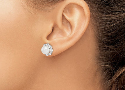 Sterling Silver Rhodium-plated 8- White Button Freshwater Cultured Pearl and CZ Post Earrings (Style QE15267)