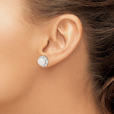 Sterling Silver Rhodium-plated White Button Freshwater Cultured Pearl and CZ Post Earrings, 12.07 x 12.07mm
