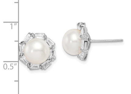 Sterling Silver Rhodium-plated 8- White Button Freshwater Cultured Pearl and CZ Post Earrings (Style QE15267)