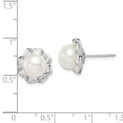Sterling Silver Rhodium-plated White Button Freshwater Cultured Pearl and CZ Post Earrings, 12.07 x 12.07mm