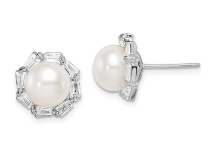 Sterling Silver Rhodium-plated 8- White Button Freshwater Cultured Pearl and CZ Post Earrings (Style QE15267)