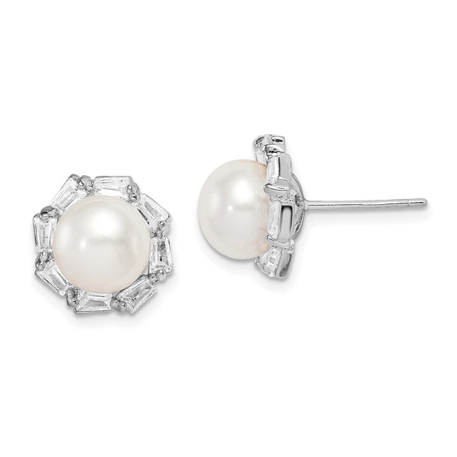 Sterling Silver Rhodium-plated 8- White Button Freshwater Cultured Pearl and CZ Post Earrings, 12.07 x 12.07mm