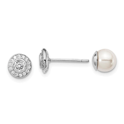 Sterling Silver Rhodium-plated Polished White Mother of Pearl & CZ Halo Reversible Post Earrings