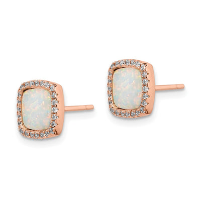 Sterling Silver Rose-Tone Created Opal & CZ Square Halo Post Earrings