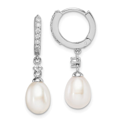 Sterling Silver Rhodium-plated White Freshwater Cultured Pearl and CZ Hoop Dangle Earrings