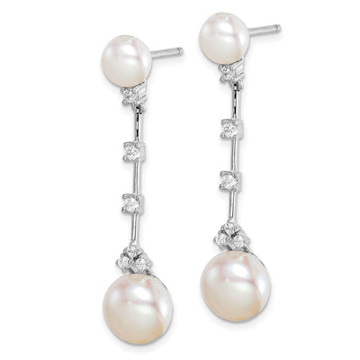 Sterling Silver Rhodium-plated CZ FWC Button Pearl Dangle Post Earrings