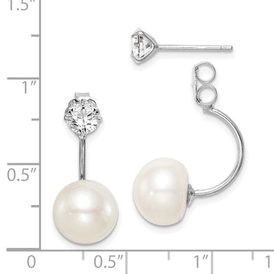 Sterling Silver Rhodium-plated White Button Freshwater Cultured Pearl and CZ Front and Back Post Dangle Earrings