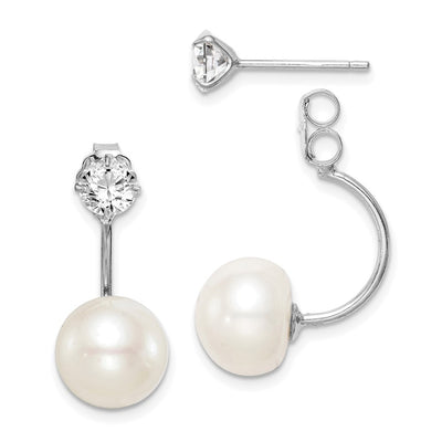 Sterling Silver Rhodium-plated White Button Freshwater Cultured Pearl and CZ Front and Back Post Dangle Earrings