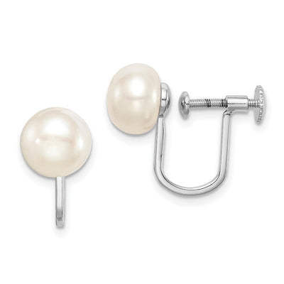 Sterling Silver Rhodium-plated White Button Freshwater Cultured Pearl Non Pierced Earrings