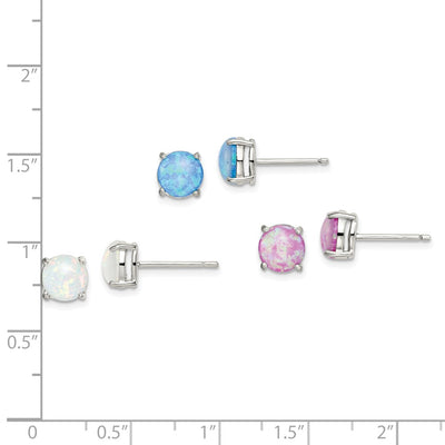 Sterling Silver Polished Pink, White & Blue Round Created Opal 3 Pair Set of Stud Earrings