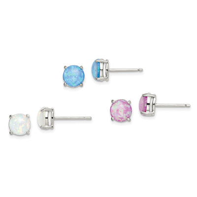 Sterling Silver Polished Pink, White & Blue Round Created Opal 3 Pair Set of Stud Earrings