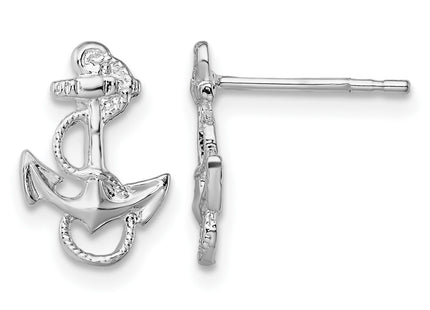 De-Ani Sterling Silver Rhodium-Plated Polished Anchor with Rope Post Earrings, 14.5 x 9mm