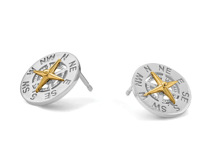 Sterling Silver Rhodium-plated Polished CZ Compass Dangle Post Earrings