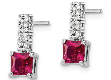 Sterling Silver Rhodium-plated Created Ruby and CZ Post Dangle Earrings (Style QE15755)