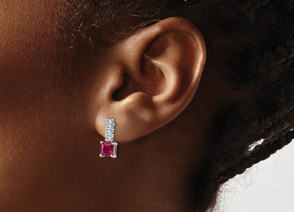Sterling Silver Rhodium-plated Created Ruby and CZ Post Dangle Earrings (Style QE15755)