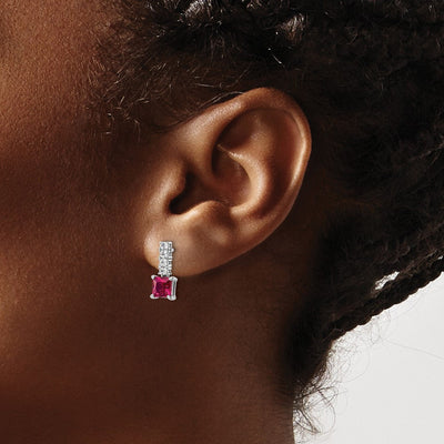 Sterling Silver Rhodium-plated Created Ruby and CZ Post Dangle Earrings, 14.04 x 5.09mm