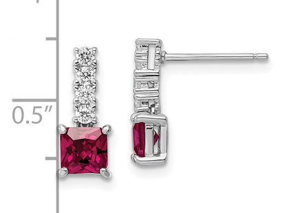 Sterling Silver Rhodium-plated Created Ruby and CZ Post Dangle Earrings (Style QE15755)