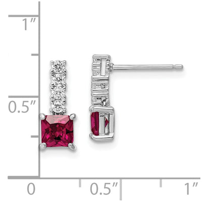 Sterling Silver Rhodium-plated Created Ruby and CZ Post Dangle Earrings, 14.04 x 5.09mm