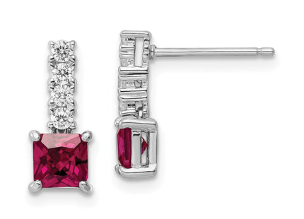 Sterling Silver Rhodium-plated Created Ruby and CZ Post Dangle Earrings (Style QE15755)