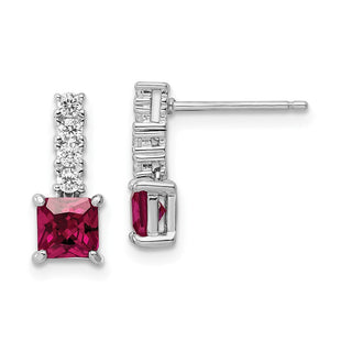 Sterling Silver Rhodium-plated Created Ruby and CZ Post Dangle Earrings (Style QE15755)