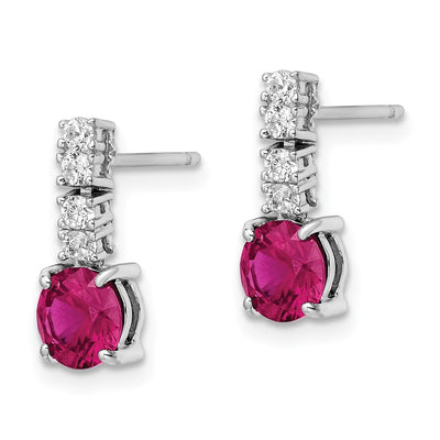 Sterling Silver Rhodium-plated Created Ruby and CZ Post Dangle Earrings, 14 x 6mm