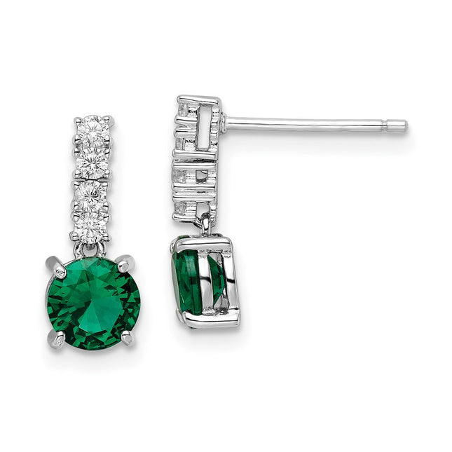 Sterling Silver Polished Rhodium-plated Green/Clear CZ Post Dangle Earrings, 14 x 6mm
