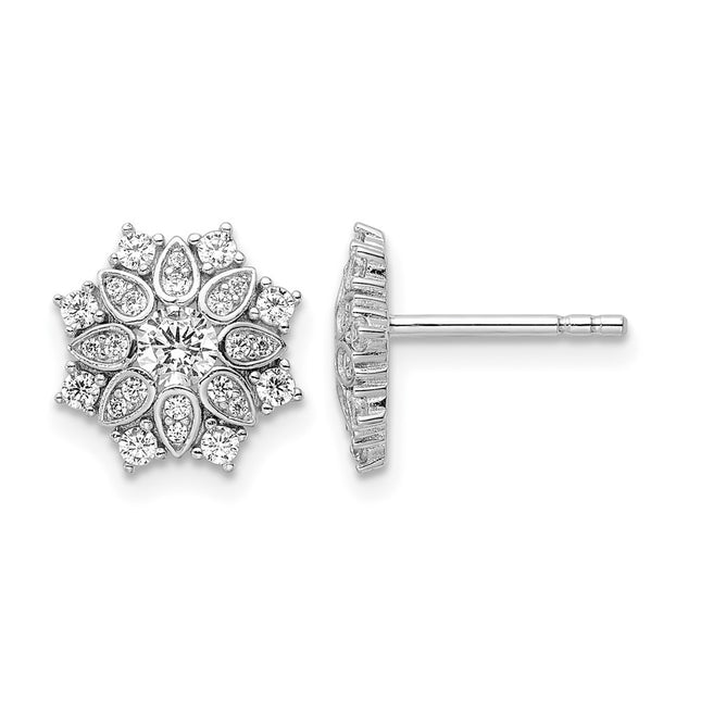 Sterling Silver Rhodium-plated CZ Snowflake Post Earrings, 10.54 x 10.54mm