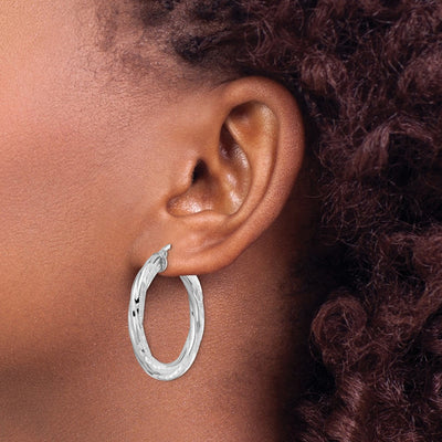 Sterling Silver Rhodium-plated D/C Twisted Tube Hoop Earrings, 33 x 3mm