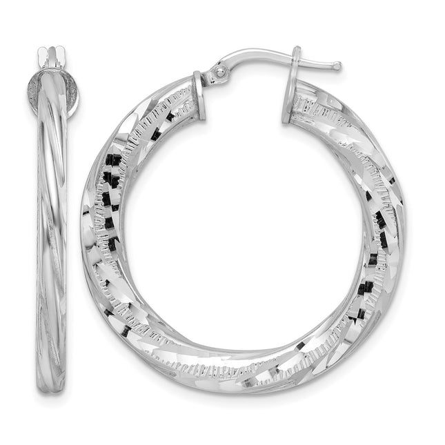 Sterling Silver Rhodium-plated D/C Twisted Tube Hoop Earrings, 33 x 3mm