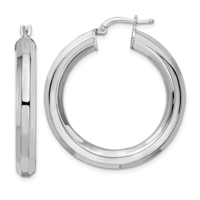 Sterling Silver Rhodium-plated Octagon Tube Hoop Earrings, 34 x 5mm