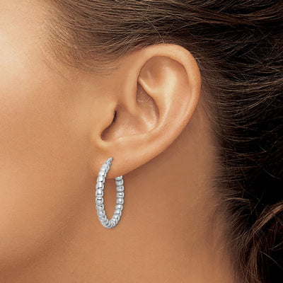 Sterling Silver Rhodium-plated Polished Beaded Hoop Earrings, 26.5 x 3mm