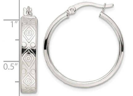 Sterling Silver Polished Geometric Design Round Hoop Earrings (Style QE15919)