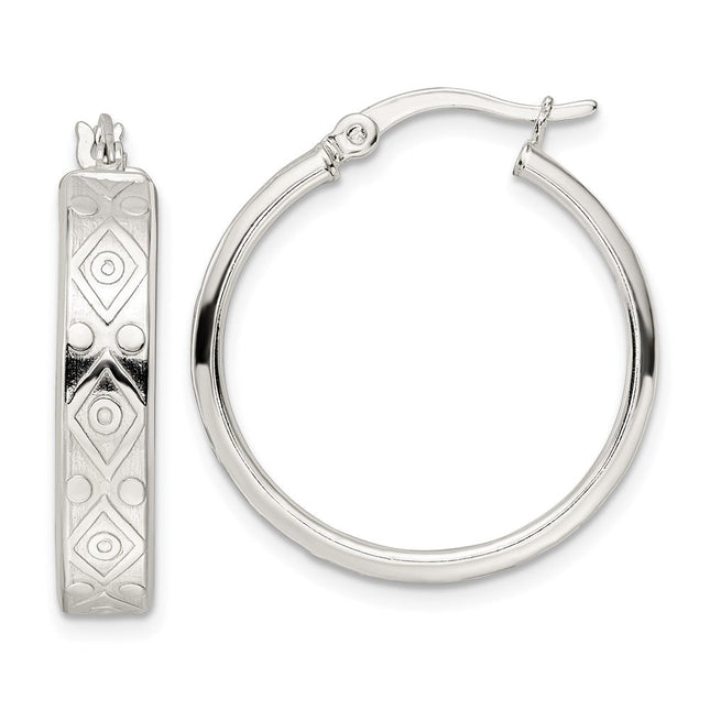Sterling Silver Polished Geometric Design Round Hoop Earrings, 26.75 x 5.25mm