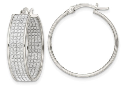 Sterling Silver Polished Fabric Glitter Round Hoop Earrings (Style QE15926)