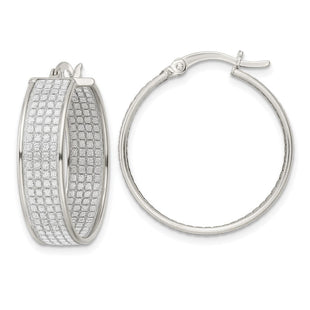 Sterling Silver Polished Fabric Glitter Round Hoop Earrings (Style QE15926)