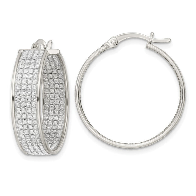 Sterling Silver Polished Fabric Glitter Round Hoop Earrings, 26.3 x 25mm