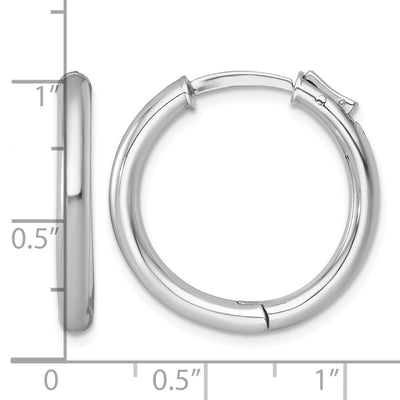Sterling Silver Rhodium-plated Polished with Safety Lock Round Hinged Hoop Earrings, 25 x 3mm