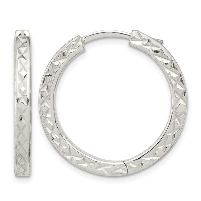 Sterling Silver Polished D/C Square Tube Locking Hoop Earrings, 28 x 3.35mm