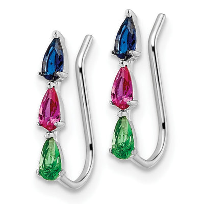 Sterling Silver RH-plated Polished Multi-color Pear CZ Ear Climber Earrings