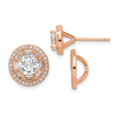 Sterling Silver Rose-tone Polished CZ Stud w/ Jackets Earrings