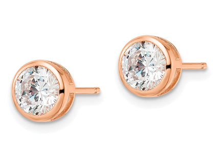 Sterling Silver Rose-tone Polished Round CZ Bezel Set Stud Earrings (Style QE16146)