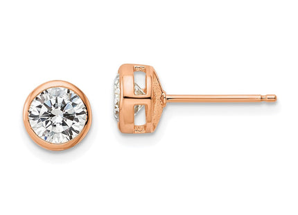 Sterling Silver Rose-tone Polished Round CZ Bezel Set Stud Earrings (Style QE16146)