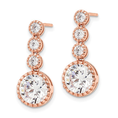 Sterling Silver Rose-tone Polished Round CZ Post Dangle Earrings