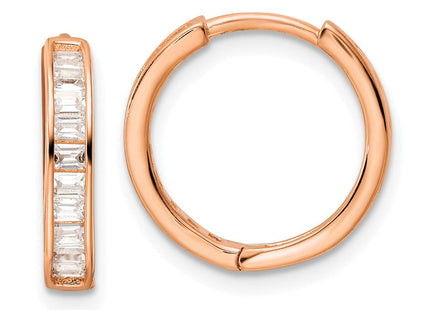 Sterling Silver Polished Rose-tone CZ Hinged Hoop Earrings (Style QE16297)