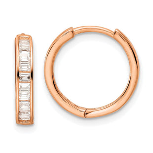 Sterling Silver Polished Rose-tone CZ Hinged Hoop Earrings (Style QE16297)