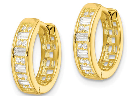 Sterling Silver Polished Gold-tone CZ Hinged Hoop Earrings (Style QE16299)